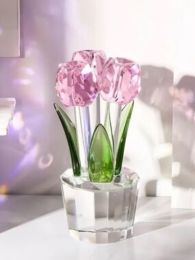 Pink Crystal Tulip Sculpture with Green Leaves